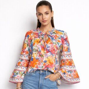 Hale Bob Lucinda Pink Orange Blue Bell Sleeve Floral Top Size Small